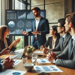 _A professional sales team in a modern office, engaged in a high-energy meeting. Business executives discussing sales strategies with charts and graphs (1)