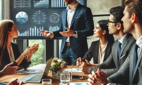 _A professional sales team in a modern office, engaged in a high-energy meeting. Business executives discussing sales strategies with charts and graphs (1)